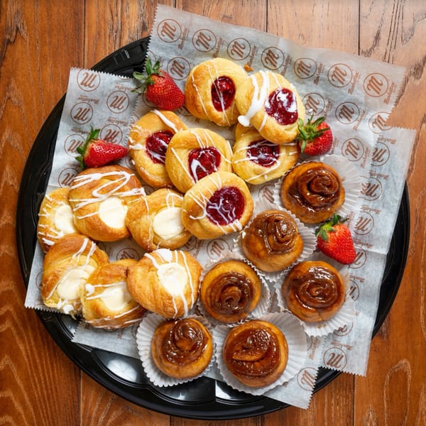A platter of Manhattan Bagel pastries including cheese danishes, jelly danishes, and cinnamon rolls.